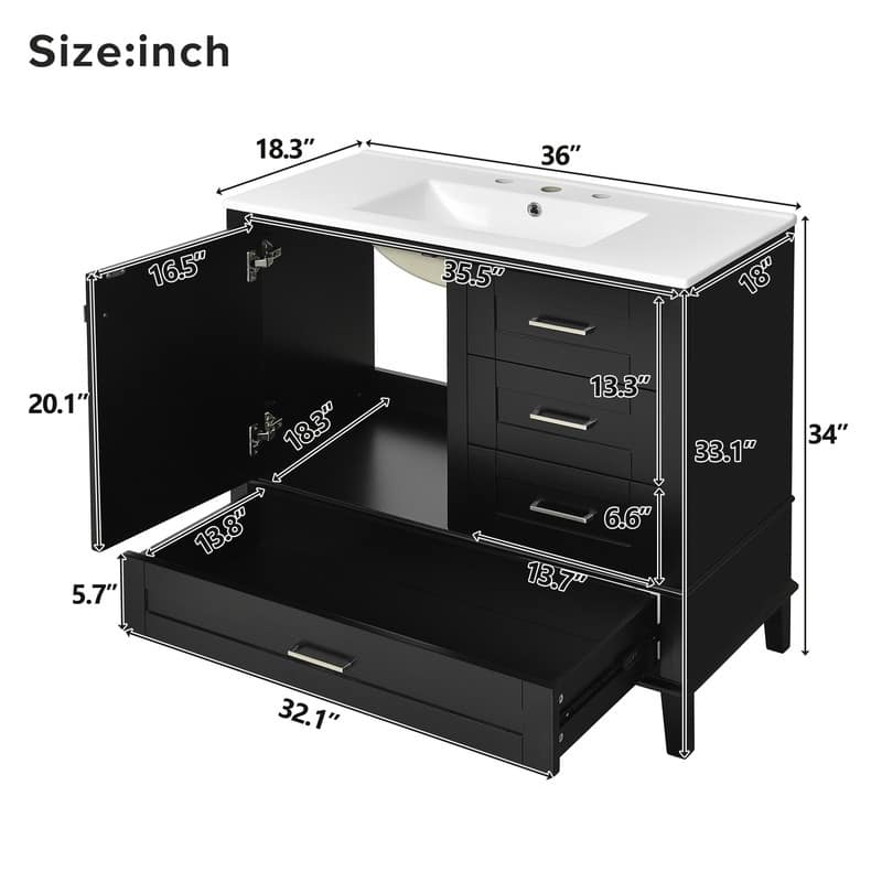 Contemporary 36-inch White Bathroom Vanity Cabinet with a Sturdy Pine Frame, 1 Soft Close Door and 3 Drawers.