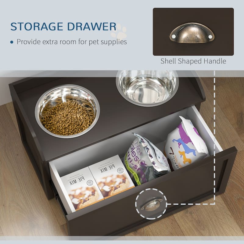 Elevated Dog Feeder Stand for Large Dogs with Storage Drawer and 2 Stainless Steel Bowls - 23.5" W x 11.75"D x 14.25" H