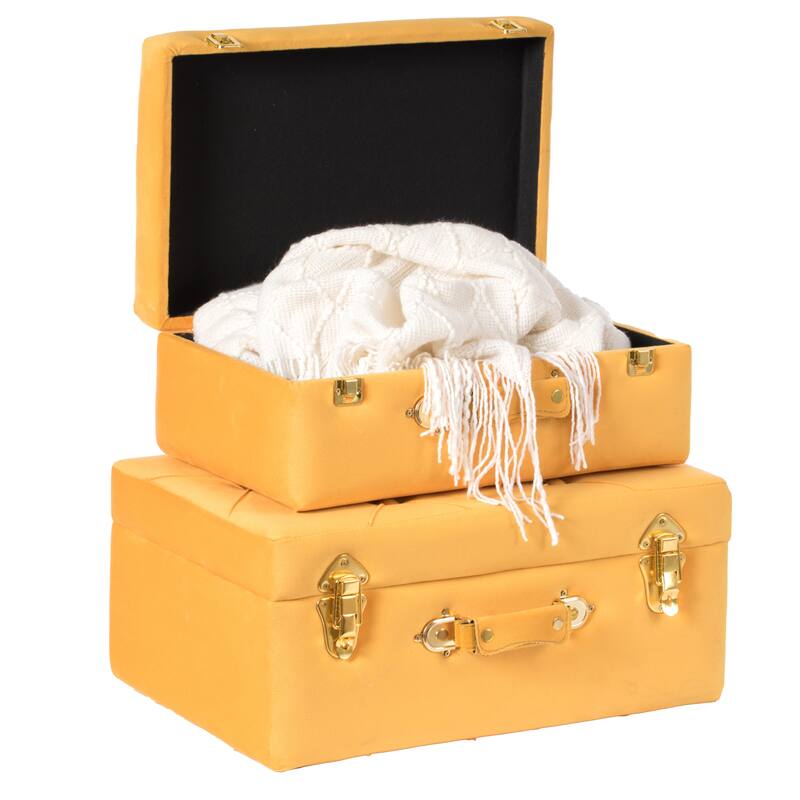 Decorative Tufted Velvet Suitcase Treasure Chest Set of 2 - N/A - Yellow
