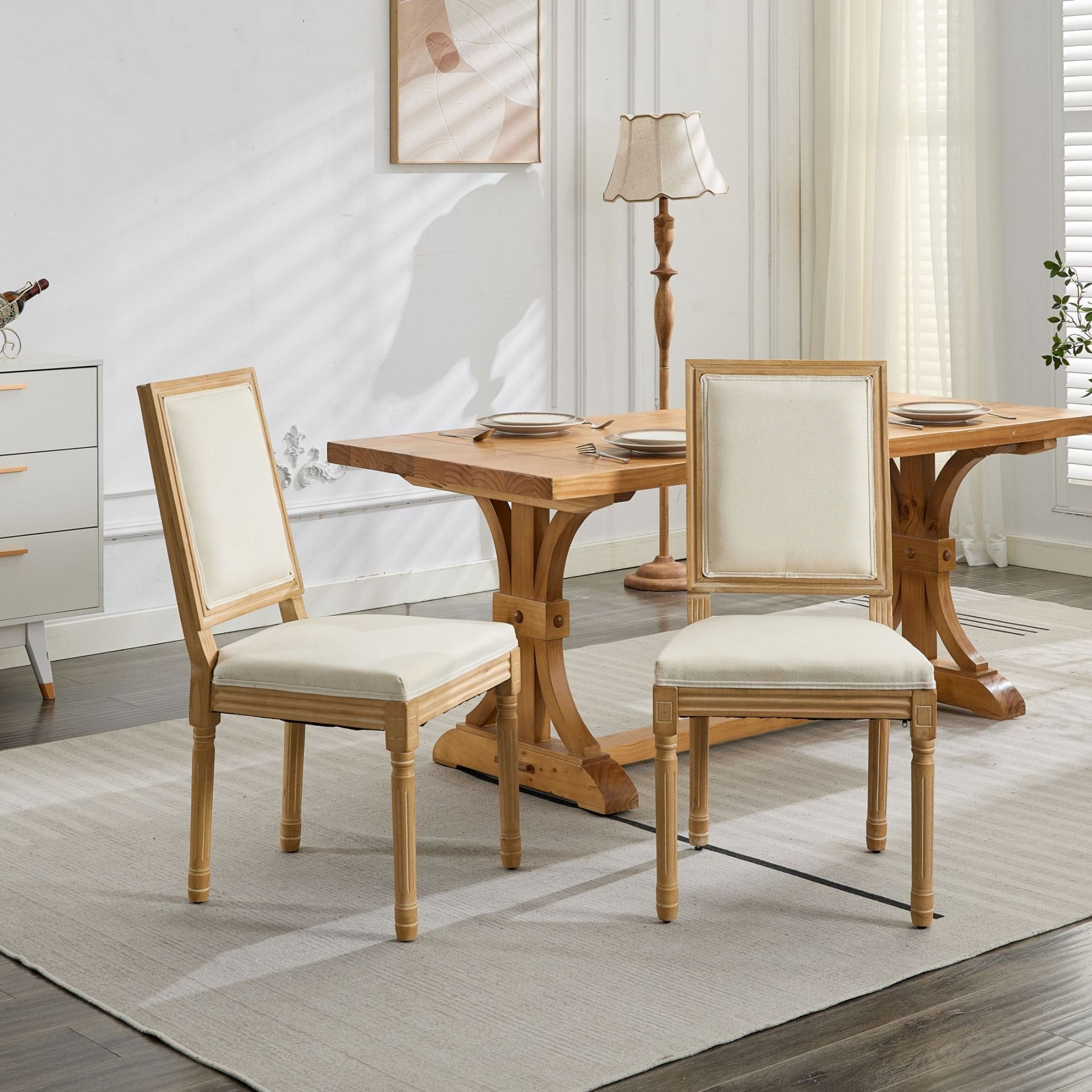 Set of 2 French Country Fabric Upholstered Dining Chairs with Square ...