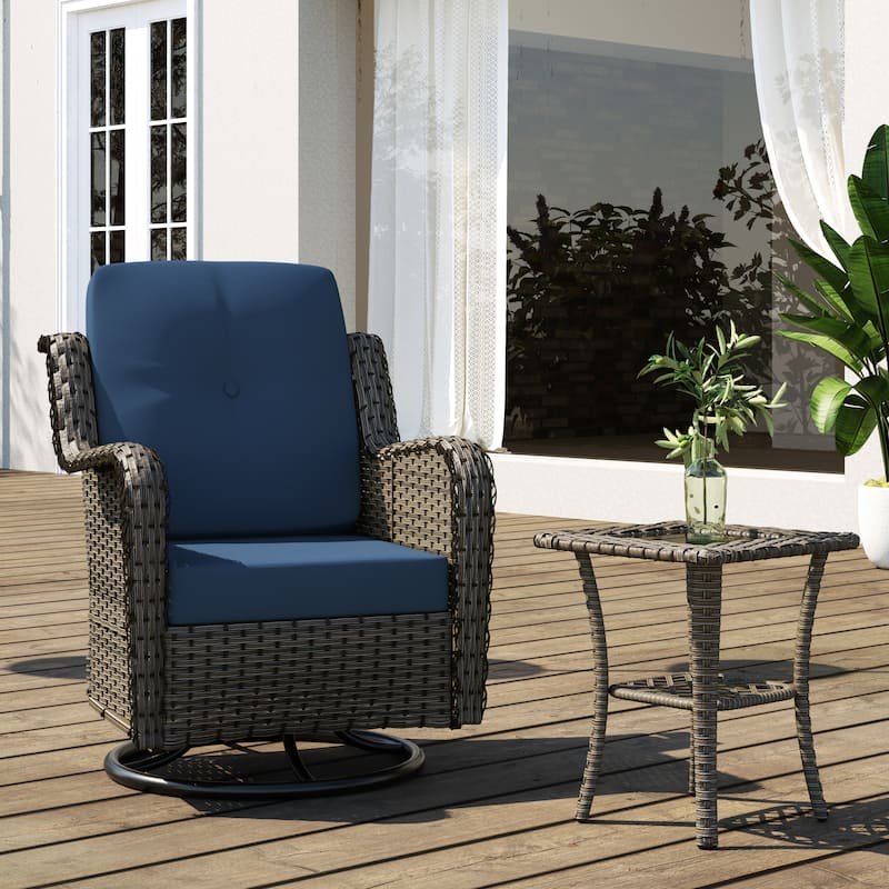Outdoor Patio Woven Rattan Swivel Rocking Chair with Cushions - Royal Blue