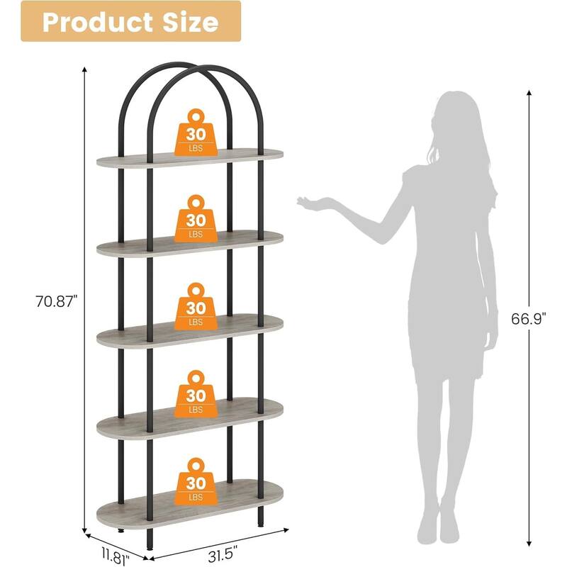 5-Tier Freestanding Metal Frame Bookcase. Open Storage Rack for Living Room, Bedroom - N/A