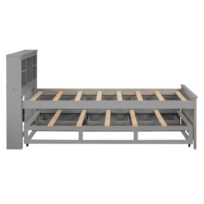 Twin Size Platform Bed with Storage Headboard, USB, Trundle, and 3 Drawers in Gray