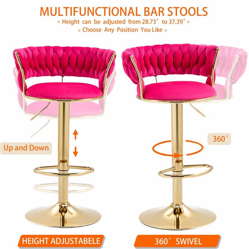 HOMEFUN Velvet Adjustable Height Swivel Armless Bar Stools With Golden Footrest(set of 2)