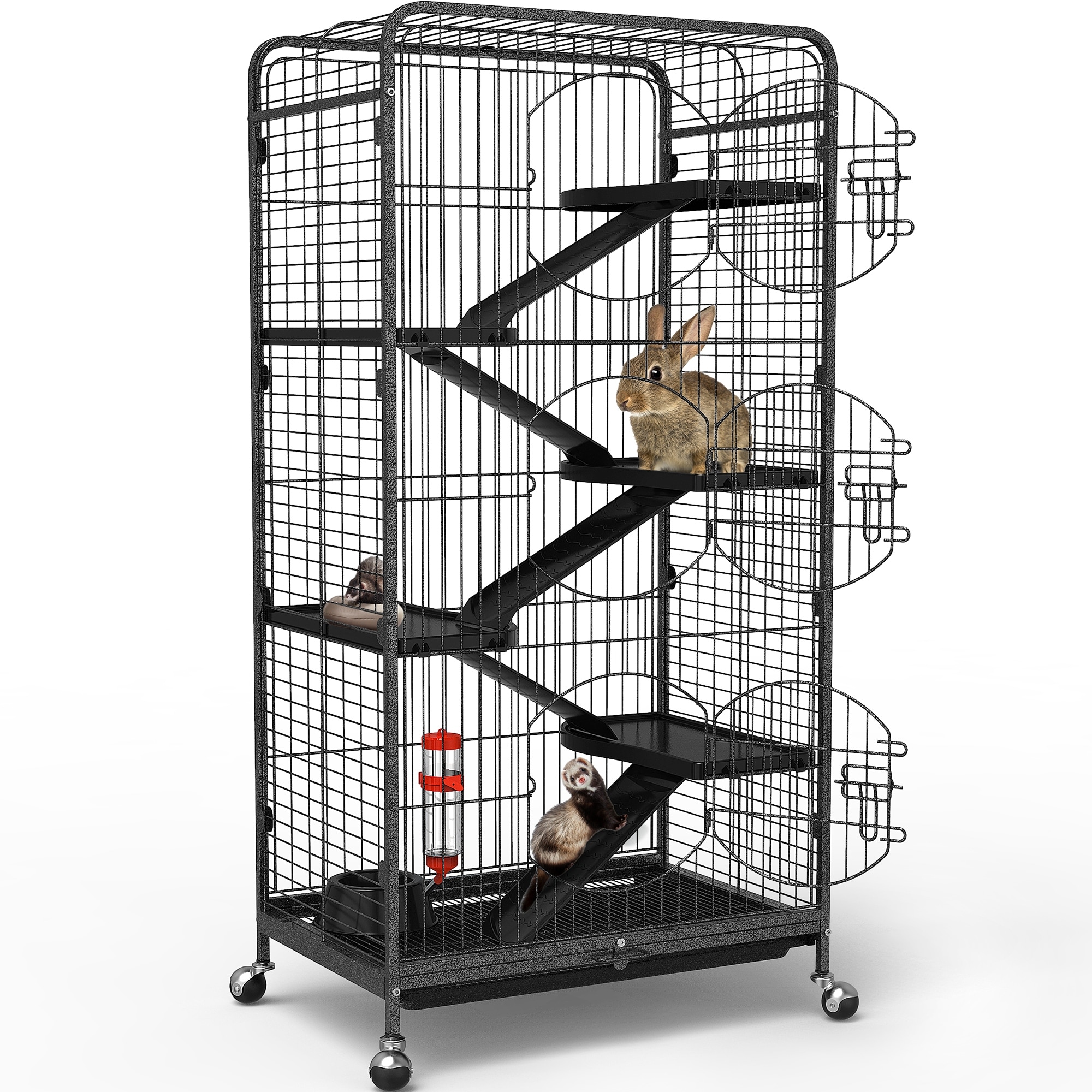 52 inch Metal Ferret Cage Small Animal Cage with Rolling Stand Indoor Outdoor for Squirrel Bunny Cat Rabbit Black
