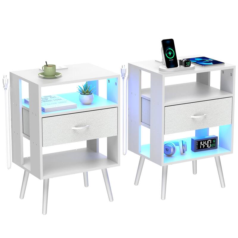 2 Pack Modern Nightstand with Charging Station, Bedside Tables with LED Light and Fabric Drawers