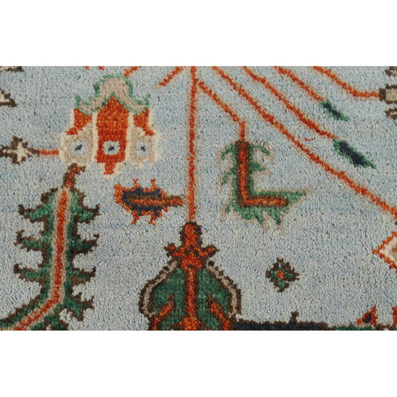 Light Blue Geometric Oushak Oriental Area Rug Hand-Knotted Wool Carpet - 7'10"x 9'10"