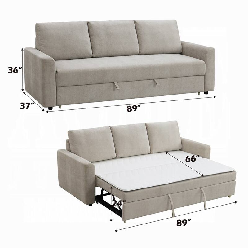 Eira Sofa with Fold Out Sleeper Full Size Bed, Beige Linen, 89 Inch