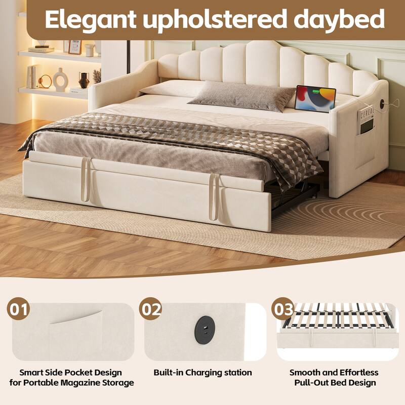 Velvet Upholstered Daybed with Adjustable Height Pop Up Trundle and Charging Station, Twin Size Pull Out Platform Sofa Bed Frame