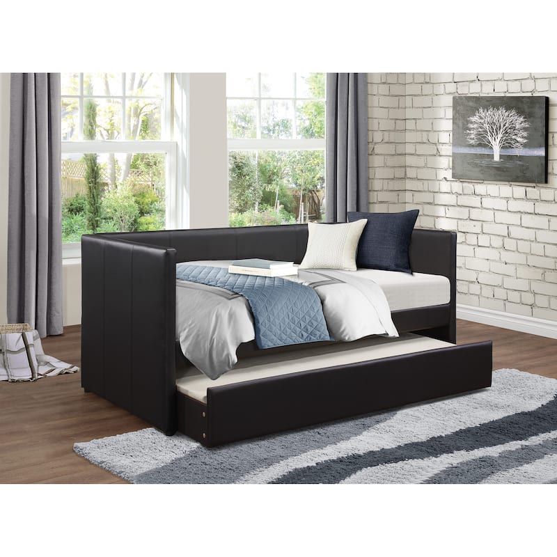 Black Faux Leather Upholstered Contemporary Daybed with Trundle Wooden Furniture 1pc