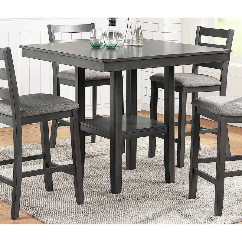 Classic Dining Room Furniture Gray Finish Counter Height 5pc Set Square Dining Table w Shelves Cushion Seat Ladder Back - Grey