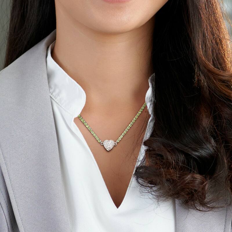 Miadora 12 7/8ct TGW Peridot Created White Sapphire Heart Necklace in Sterling Silver-17 in