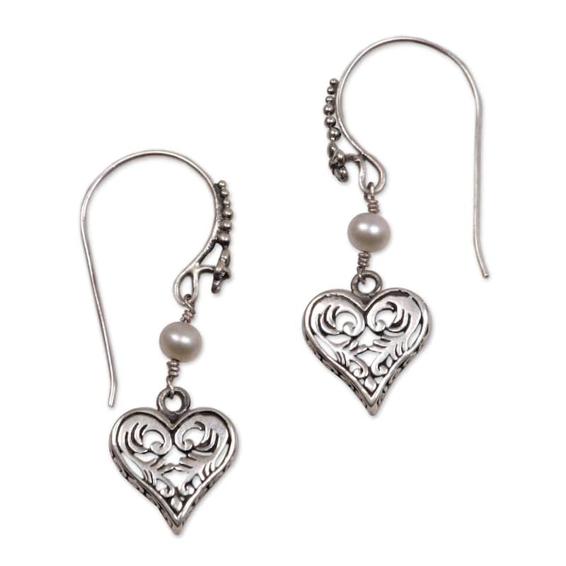 Novica Handmade Sterling Silver Love in Nature Pearl Earrings (5 mm) (Indonesia) - 1.5" x 0.5" W x 0.1" D