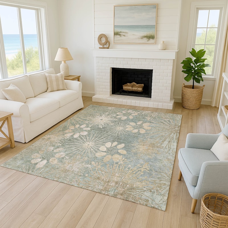 Machine Washable Indoor/ Outdoor Floral Geo Chantille Rug