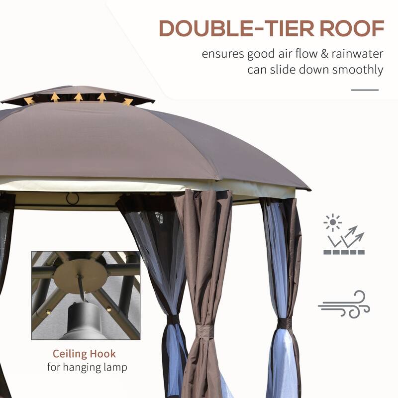 12' Round Outdoor Gazebo with Double Roof, Netting Sidewalls, and Privacy Curtains, Sturdy Steel Frame, Brown