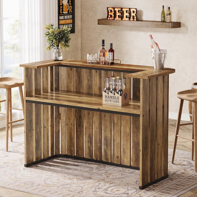 63" U-Shaped Home Bar Unit, Modern Farmhouse Bar Table with 2-Tier Shelves - 62.99" L x 23.62" W x 43.89" H