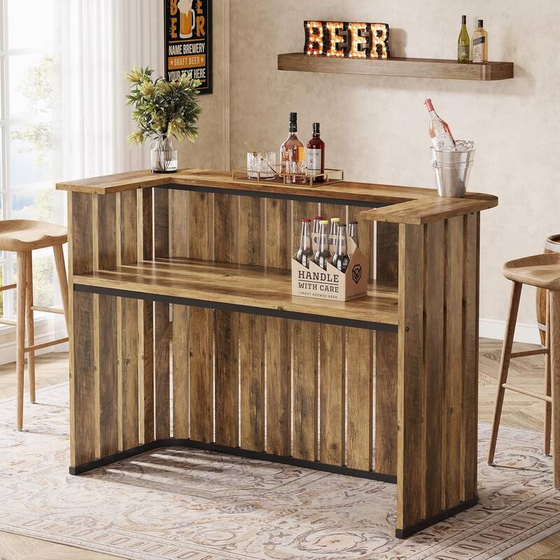 63 Inches Brown Engineered Wood Bar Table with Storage Shelves, 2-Tier Wine Bar Cabinet for Home Pub
