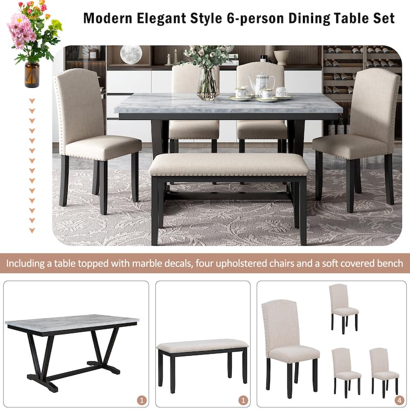 Modern 6-Piece Wooden Dining Table Set with Faux Marble Top & 4 Chairs