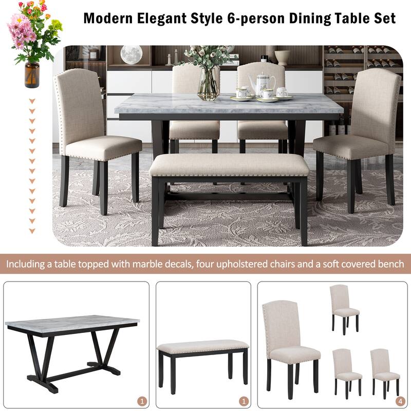 White 6-Piece Wooden Dining Table Set with Faux Marble Top, 4 Chairs & Bench