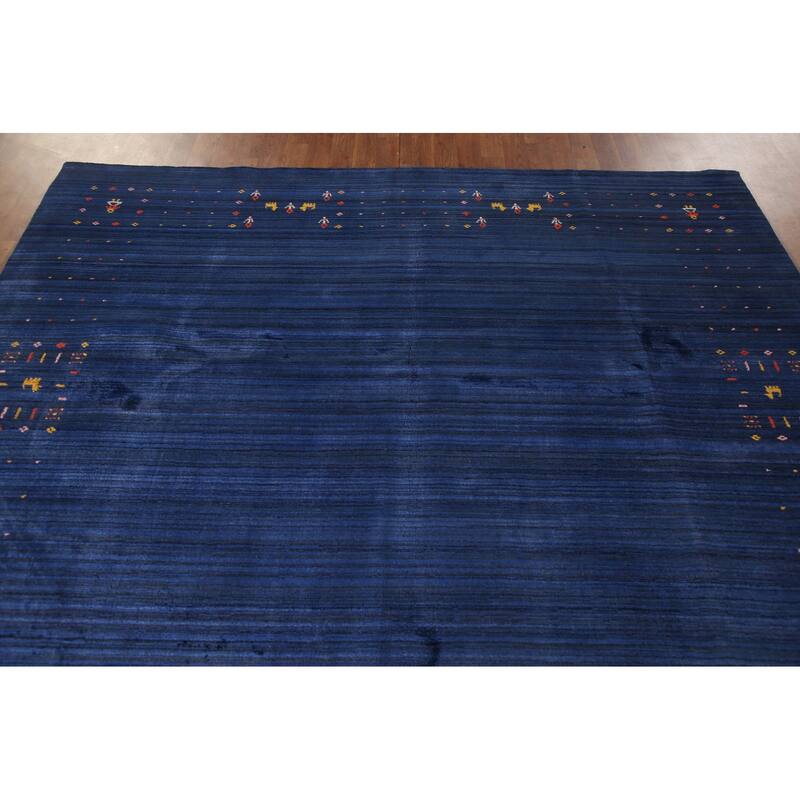 Blue Striped Gabbeh Oriental Area Rug Handmade Silk Carpet - 7'8"x 9'7"