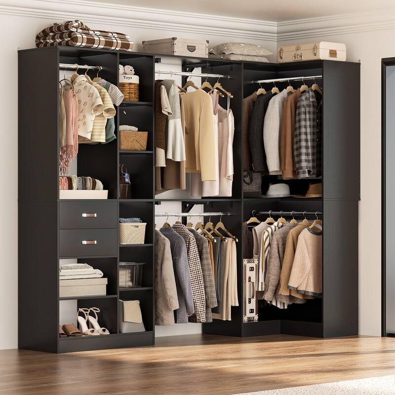 Rackcog 63’‘ - 127.5'' Closet System with Hanging Rods, Set of 2 Corner Closet Organizer with Drawers and Shelves