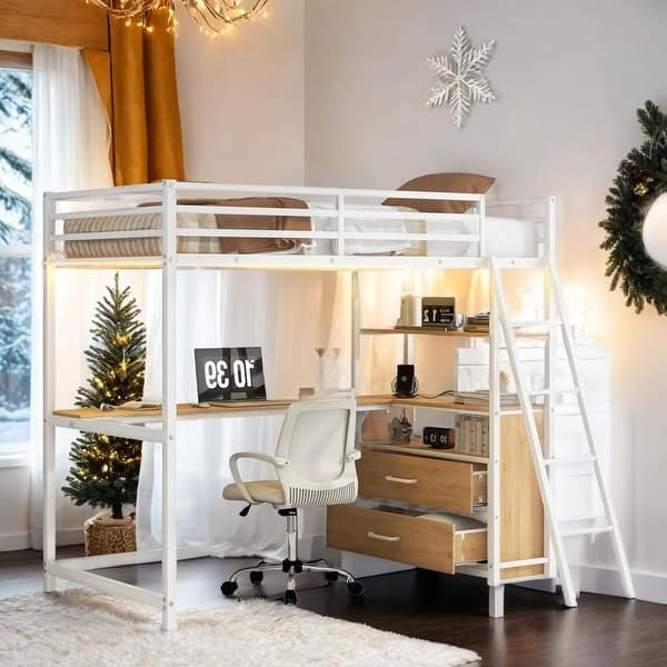 slide 2 of 22, Twin Loft Bed with Desk, Shelves, 2 Drawers, LED Light and USB Natural