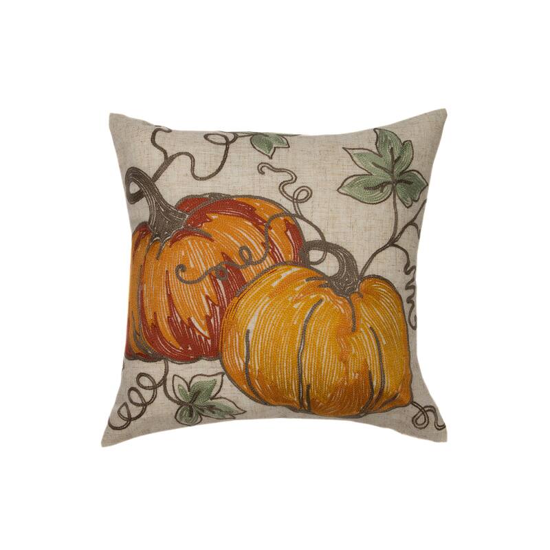Rustic Pumpkin Crewel Embroidered Fall Pillow, 14 by 14-Inch