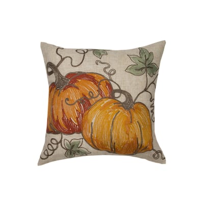Rustic Pumpkin Crewel Embroidered Fall Pillow, 14 by 14-Inch