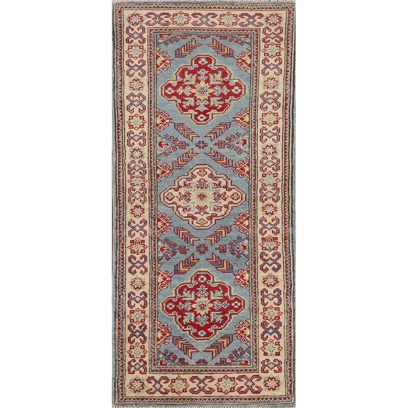 Light Blue Kazak Oriental Runner Rug Hallway Hand-Knotted Wool Carpet - 2'1" x 5'9"