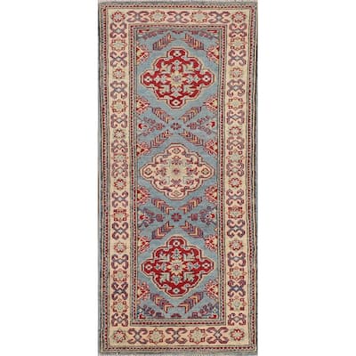 Light Blue Kazak Oriental Runner Rug Hallway Hand-Knotted Wool Carpet - 2'1" x 5'9"