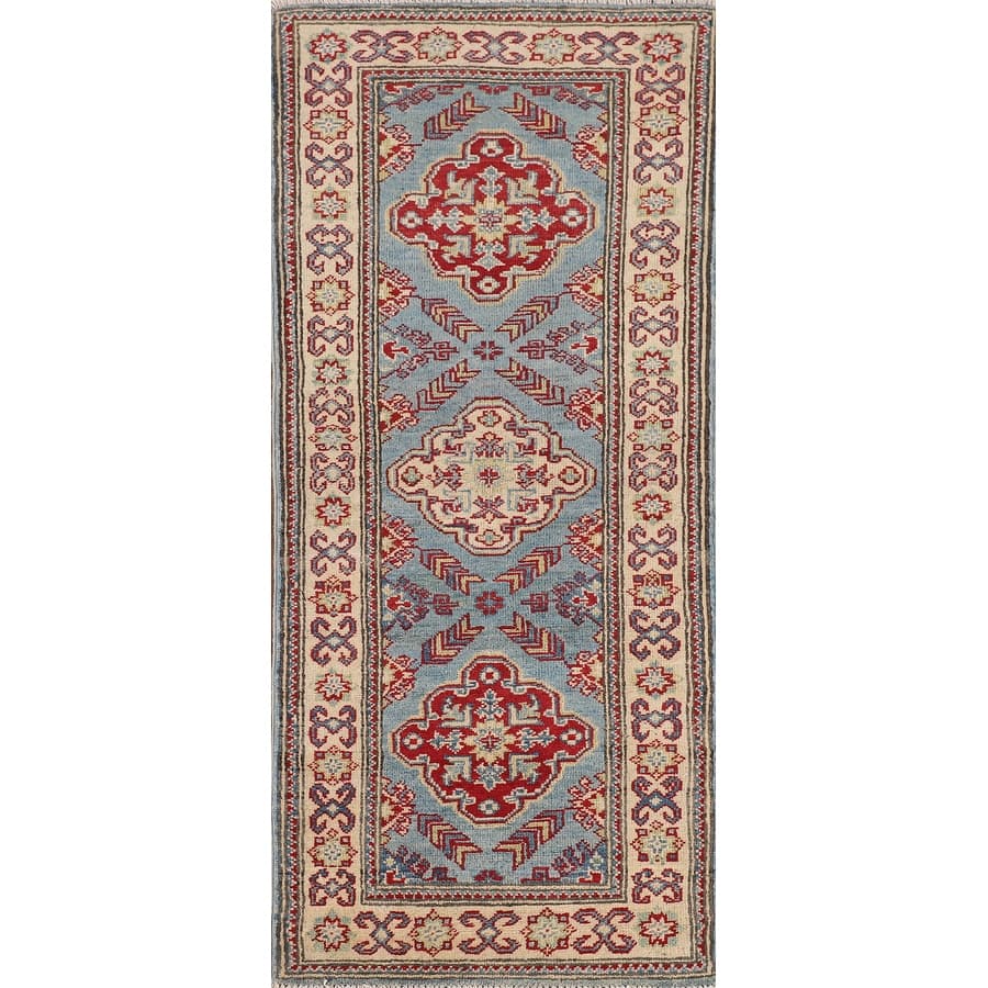 Light Blue Kazak Oriental Runner Rug Hallway Hand-Knotted Wool Carpet - 2'1" x 5'9"