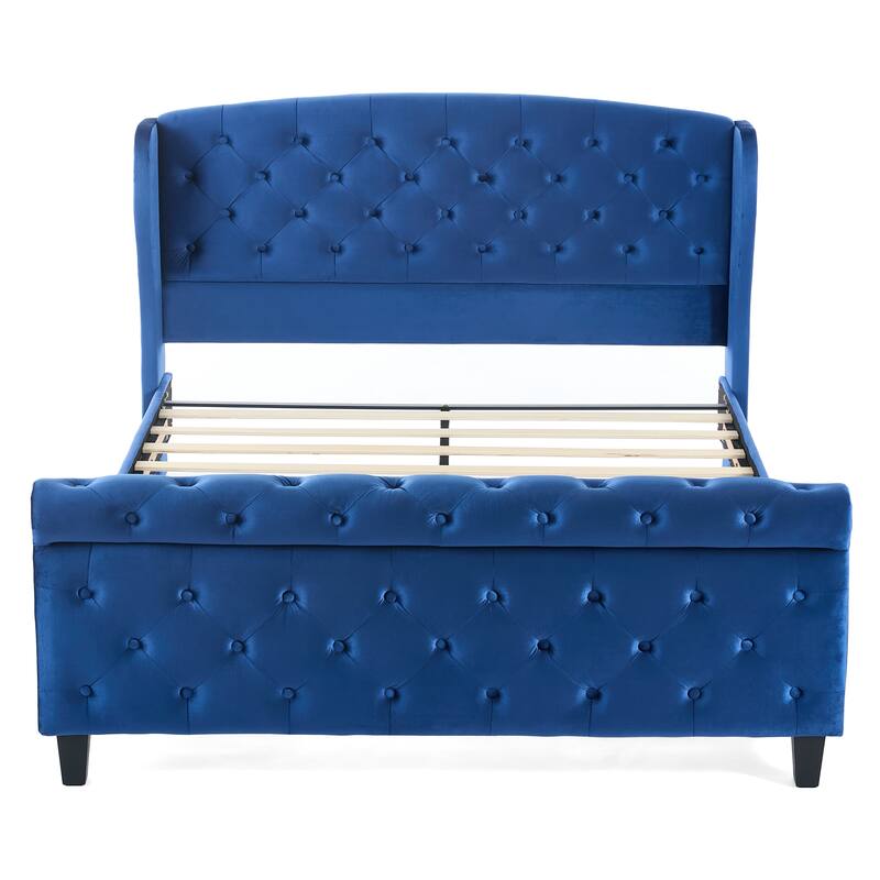 Christopher Knight Home - Amara Traditional Velvet Upholstered Sleigh Bed with Wingback Headboard & Scroll Footboard, Queen Size