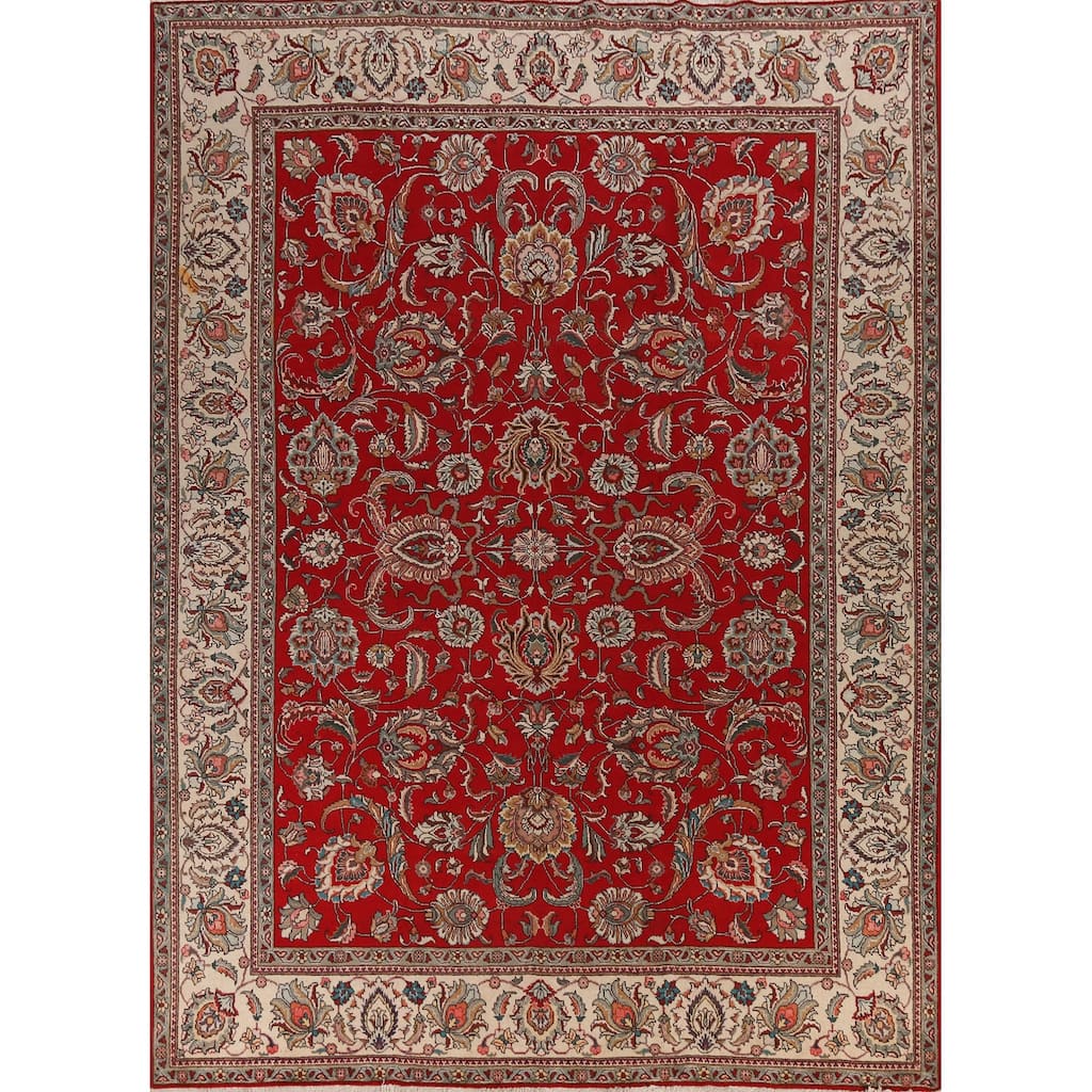 Red Floral Tabriz Vintage Persian Area Rug Handmade Wool Carpet - 9'10" x 12'9"