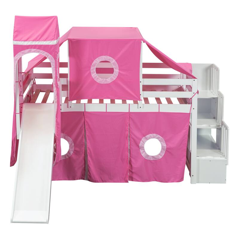 Castle style Loft Bed with Storage Staircase and Slide