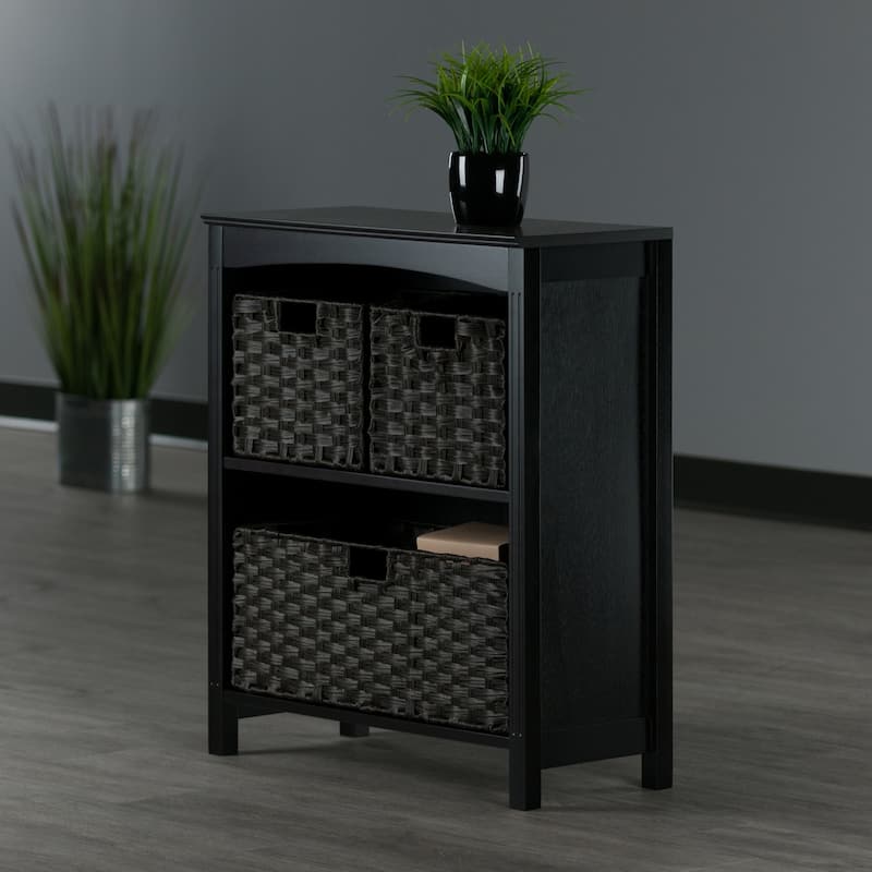 Terrace 4-Pc Storage Shelf with 3 Foldable Woven Baskets, Walnut and Chocolate - 25.98 x 11.81 x 30 inches