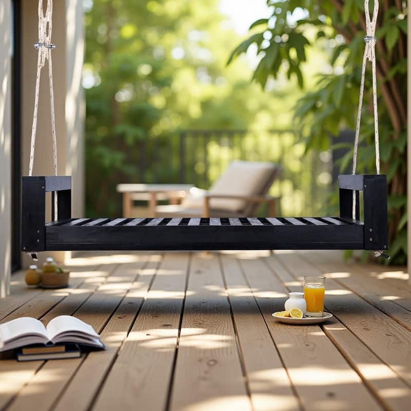 Acacia Wood Twin Size Porch Swing Bed with Hemp Ropes Outdoor Hanging Daybed, 400lb Capacity