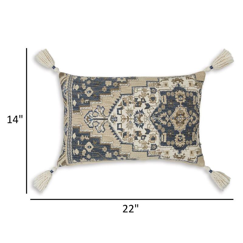 Zony 14 x 22 Lumbar Accent Pillow Set of 4, Boho Tassels, Medallion, Ivory