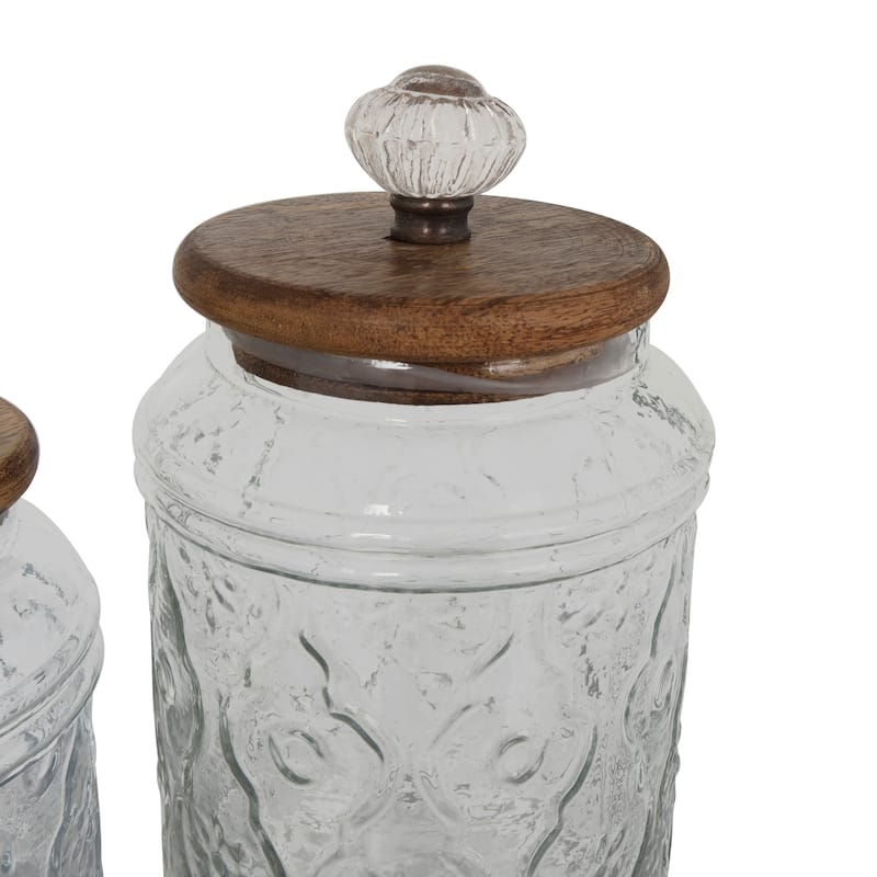Clear Glass Floral Living Room Decorative Jars with Brown Wooden Lids and Antique Style Knobs (Set of 2)
