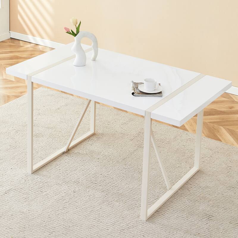 Roomfitters Industrial Dining Table for 4-6 with 1.5 Inch Thick MDF Top and Black Metal Frame for Kitchen or Patio - White
