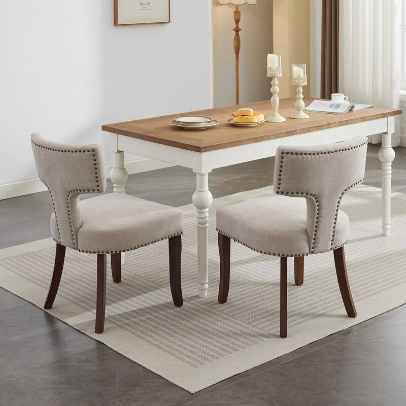 Mid Century Modern Dining Chairs Set of 2, Linen Fabric Upholstered Accent Chair, Kitchen Side Chairs with Curved Backrest
