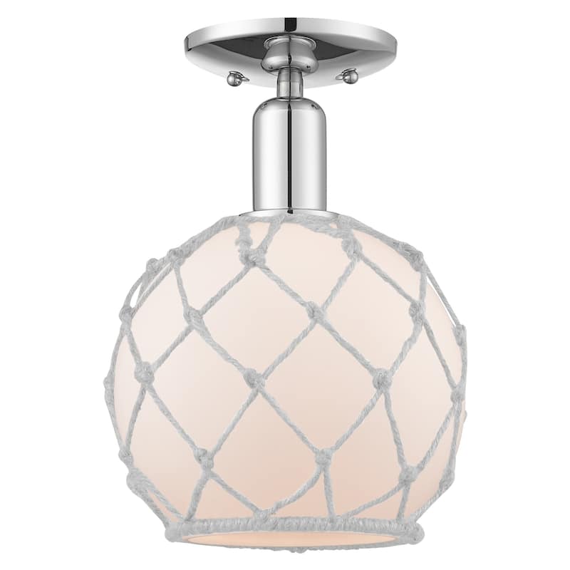 Innovations Lighting 716-1C-12-8 Farmhouse Rope Semi-Flush Farmhouse - Polished Chrome / White Glass with White Rope