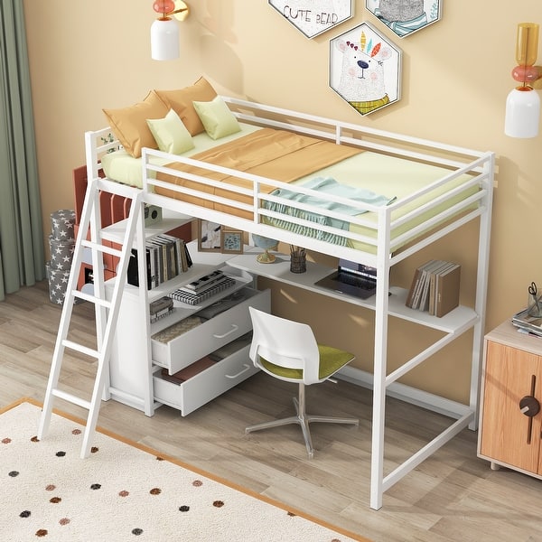 slide 2 of 14, Metal & Wood Twin Size Loft Bed with Desk and Two Built-in Drawers White