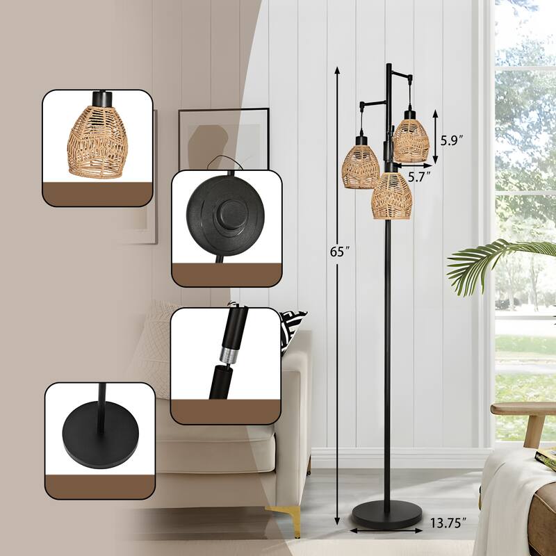 3-Light Woven Rattan Globe Tree Tall Floor Lamp
