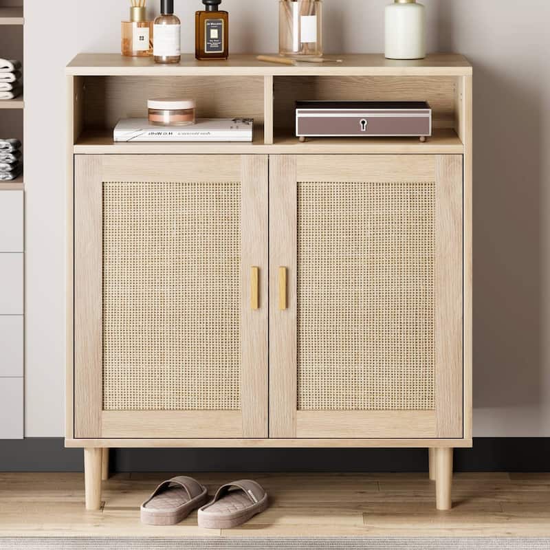 Rattan Sideboard Buffet Cabinet with Shelf - N/A - Beige
