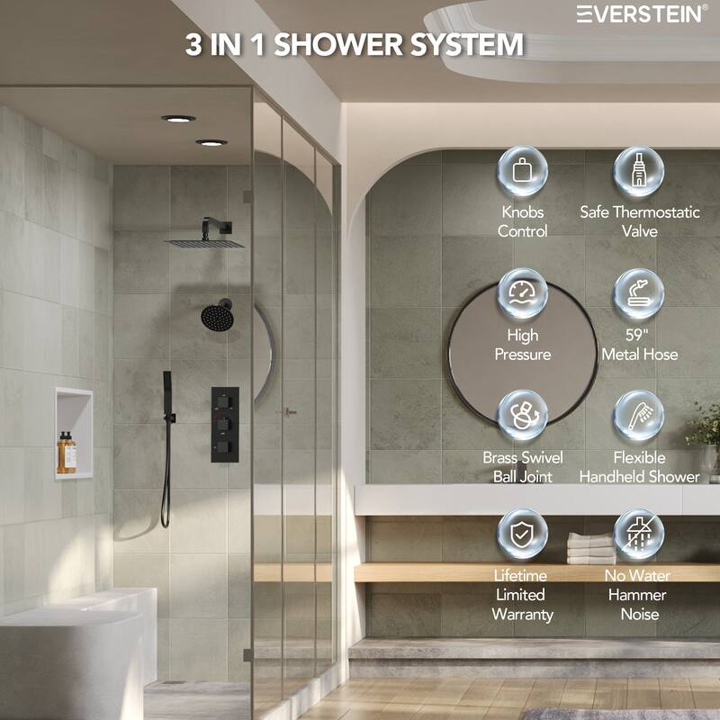 Thermostatic Shower System 12" Dual Heads Shower Faucet with High Pressure Handheld Spray