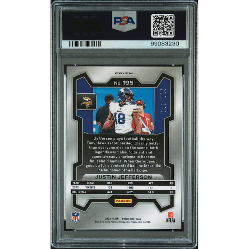 Justin Jefferson 2023 Panini Prizm Purple Ice Football Card #195 Graded PSA 10 23/225 - 8' x 11'
