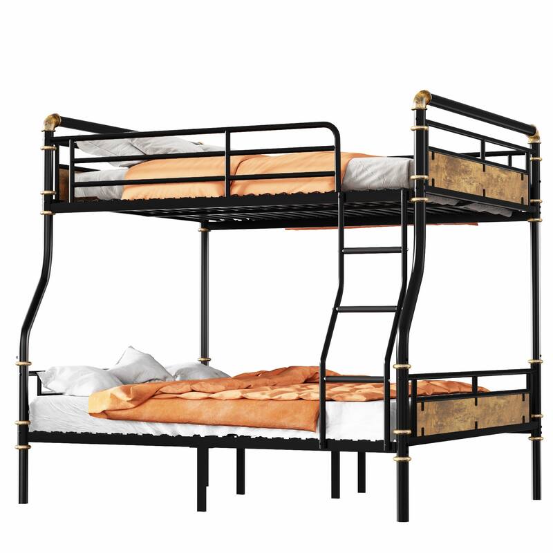 Full XL Over Queen Metal Bunk Bed with Safety Guard Rails, Industrial Design, Black