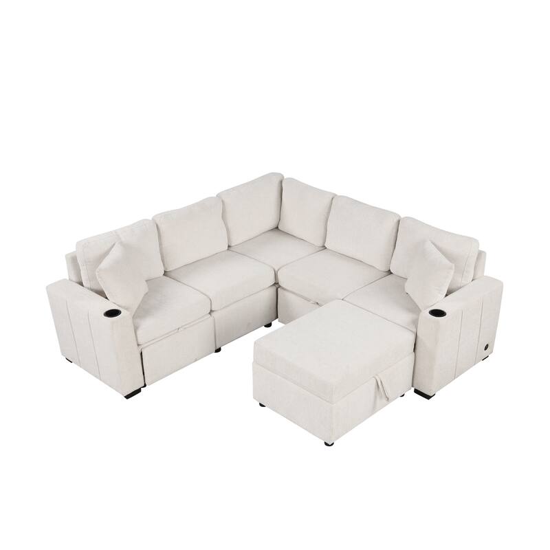 Convertible Sectional Sofa with Pull-out Sofa Bed and Dual Cup Holders