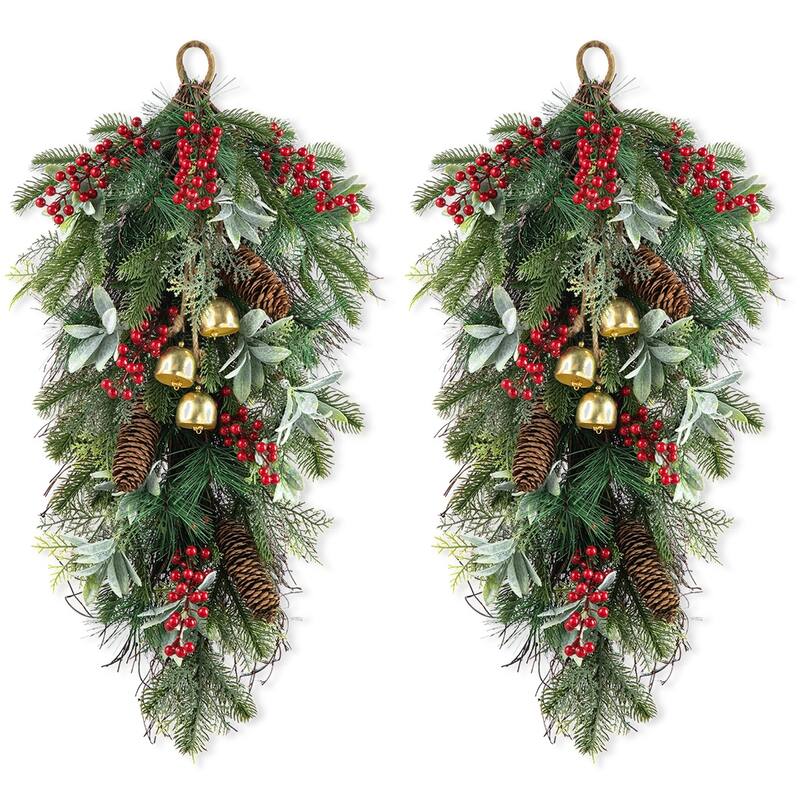 Glitzhome Christmas Berry Bow Pinecone Bell Holy Leaf Teardrop Swag Xmas Wreath - 2PK-B