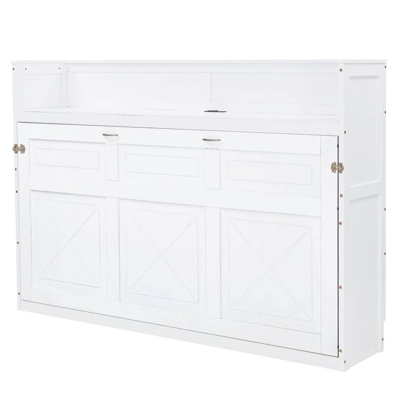 Farmhouse Style Twin XL Size Murphy Bed with Open Shelf, Folding Bed Frame with LED Light and Charging Station